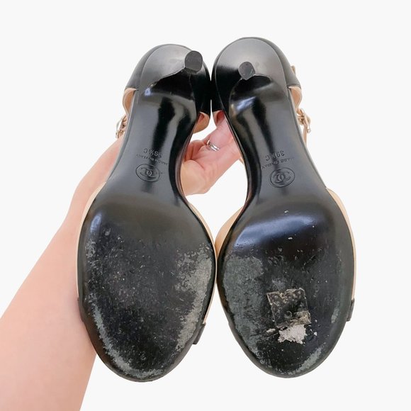 Chanel Two Tone CC Sandals EU 39.5 US 8.5-9 Beige Black Peep Toe High Heels - Picture 10 of 13